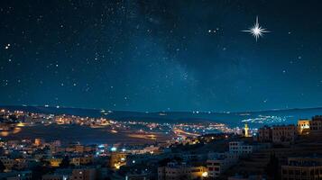 A starry sky with a bright star shining over the city of Bethlehem photo