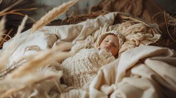 A peaceful image of baby Jesus lying in the manger with straw and cloth photo