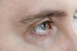 Macro Studio Expression Shot Of man's green Eye With Close Up On Eyelashes And Pupil photo