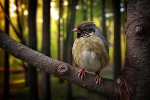 A bird sits on a tree branch in the woods photo