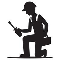 Side View Technician with Toolbox and Drill Icon vector