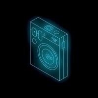 Blue neon style instant camera floating on black background vector