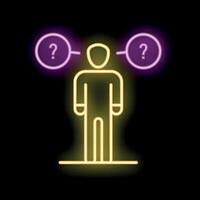 Man making difficult decision with two question marks in neon style vector
