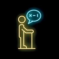 Senior citizen using walking cane asking question neon sign vector
