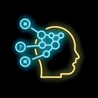 Neon style icon representing problem solving process with human head silhouette vector