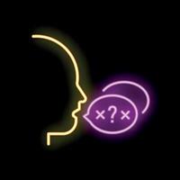 Human profile talking with chat bubble with question and error marks neon light style icon vector