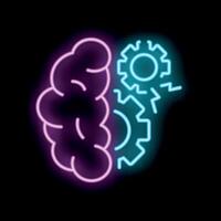 Neon brain working with gears generating ideas and solutions vector