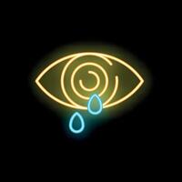 Neon icon of eye crying with tears falling from iris on black background vector