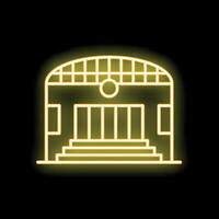 Neon sign representing a building with stairs and large doors glowing on black background vector