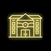 Glowing neon sign depicting a university building with a clock and large entrance on black background vector