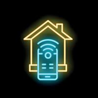 Smartphone controlling smart home system neon icon on black background vector