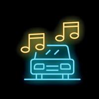 Neon car icon with music notes glowing on black background vector