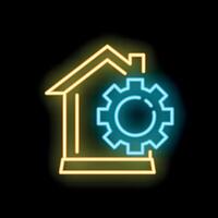 Neon icon of a gear over a house representing smart home technology vector