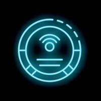 Neon robot vacuum cleaner with wifi icon on black background vector