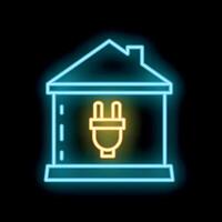 Glowing neon line house with electric plug icon isolated on black background, concept of home electricity vector