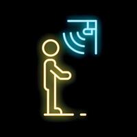 Man standing in front of automatic hand dryer neon sign on a black background vector