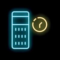 Neon sign showing calculator and clock on black background vector