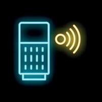 Neon icon of a mobile phone emitting radio waves for communication vector
