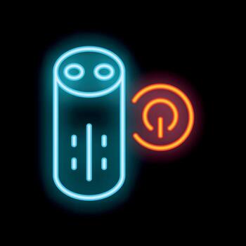 Neon sign of smart speaker showing power button lit up vector