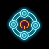Neon icon of power button surrounded by circles on black background vector