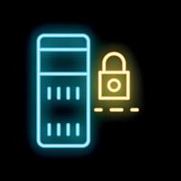 Neon server icon secured with a padlock on black background vector