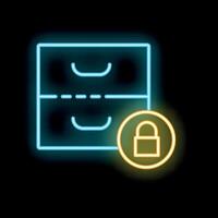 Glowing neon line icon of a filing cabinet locked with a padlock, representing data security vector