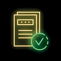Neon icon of documents with check mark symbolizing successful completion vector