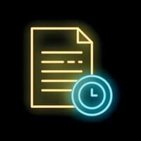 Neon icon of document with clock showing time limit vector