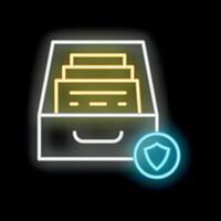 Neon icon of archive drawer protecting documents with shield vector
