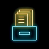 Neon icon of documents inside an archive box representing data storage vector