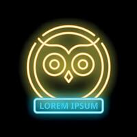 Neon sign representing an owl with big eyes in a circle shape with a lorem ipsum banner vector