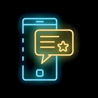 Neon icon of smartphone showing chat bubble with star for feedback vector