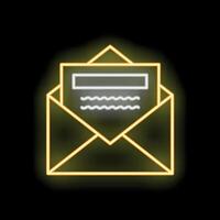 Neon sign of open envelope with letter sticking out on black background vector