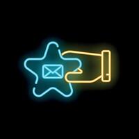 Hand holding a star with a mail envelope inside neon sign vector