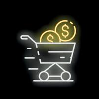 Shopping cart running with dollar coins inside neon sign style icon vector