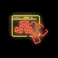 Neon icon of email marketing sending out price tags vector