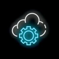 Neon blue cloud computing icon with gear setting symbol on black background vector