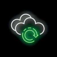 Neon green refresh icon with rotating arrows and clouds overlaying on black background vector