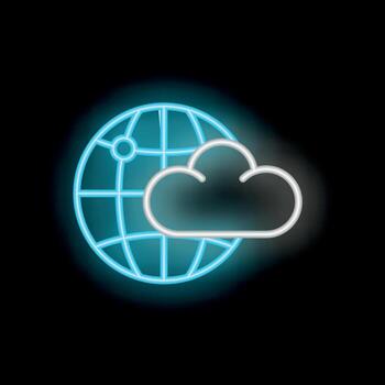 Blue neon globe with cloud computing symbol on black background vector