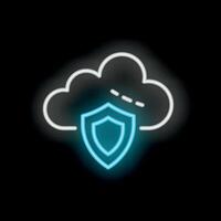 Neon shield protecting cloud data icon glowing on black background vector