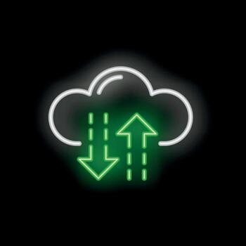 Green neon cloud computing uploading and downloading data sign on black background vector