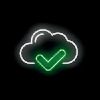 Neon green check mark inside a cloud computing icon on black background vector