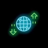 Neon glowing earth globe with up and down arrows representing global network and data exchange vector