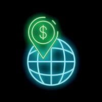 Neon green dollar pin marking location on blue planet earth globe vector