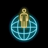 Neon sign representing global business with businessman standing on planet earth vector