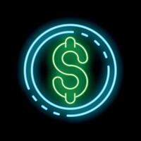 Neon sign representing a green dollar symbol inside a blue circle on a black background vector