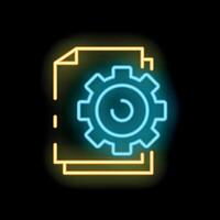 Neon icon of gear overlapping documents representing workflow automation vector