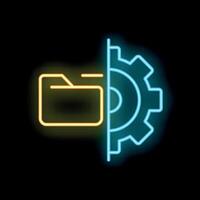 Neon icon of folder being processed by a cogwheel vector