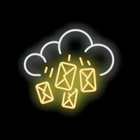Neon cloud raining email envelopes on black background vector