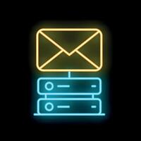 Neon mail server icon representing a concept of email hosting, data center symbol with glowing lines vector
